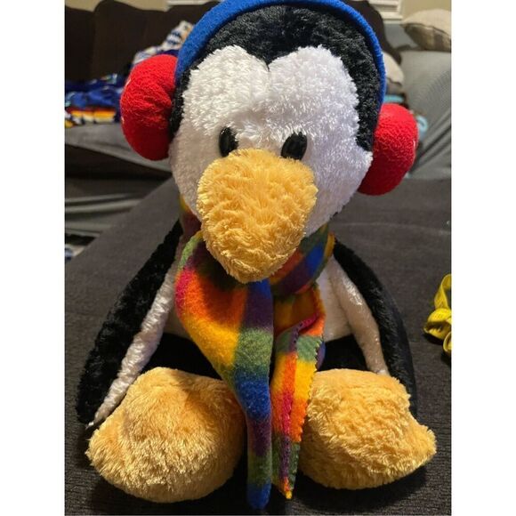 Commonwealth Plush Multicolor Stuffed Penguin with Red Ear Muffs Plaid Scarf 18” - Picture 2 of 13